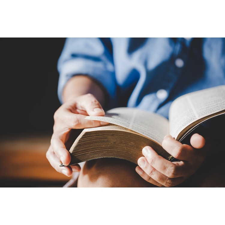 Barbat studiind Biblia