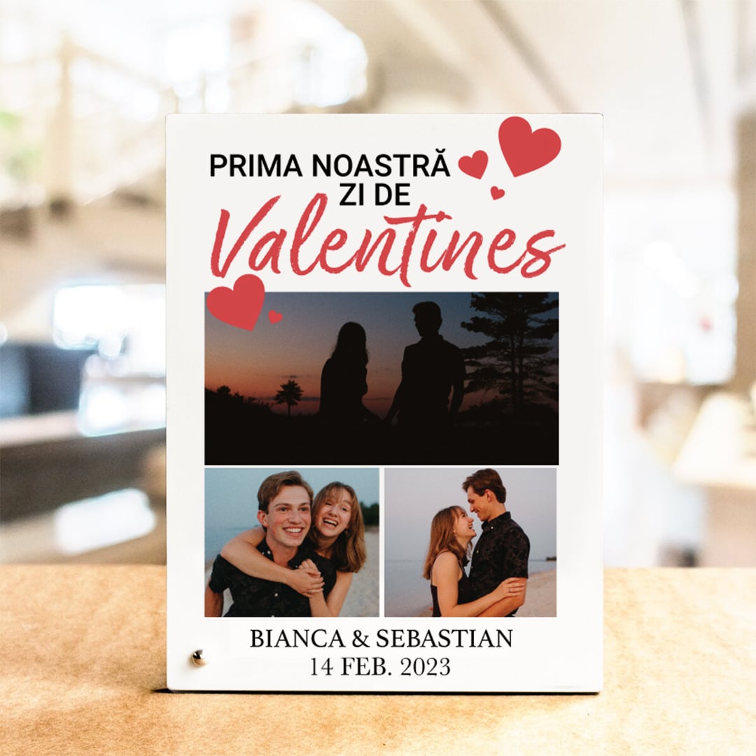 Ramă foto personalizată cu nume și 3 poze - Valentine\'s Day