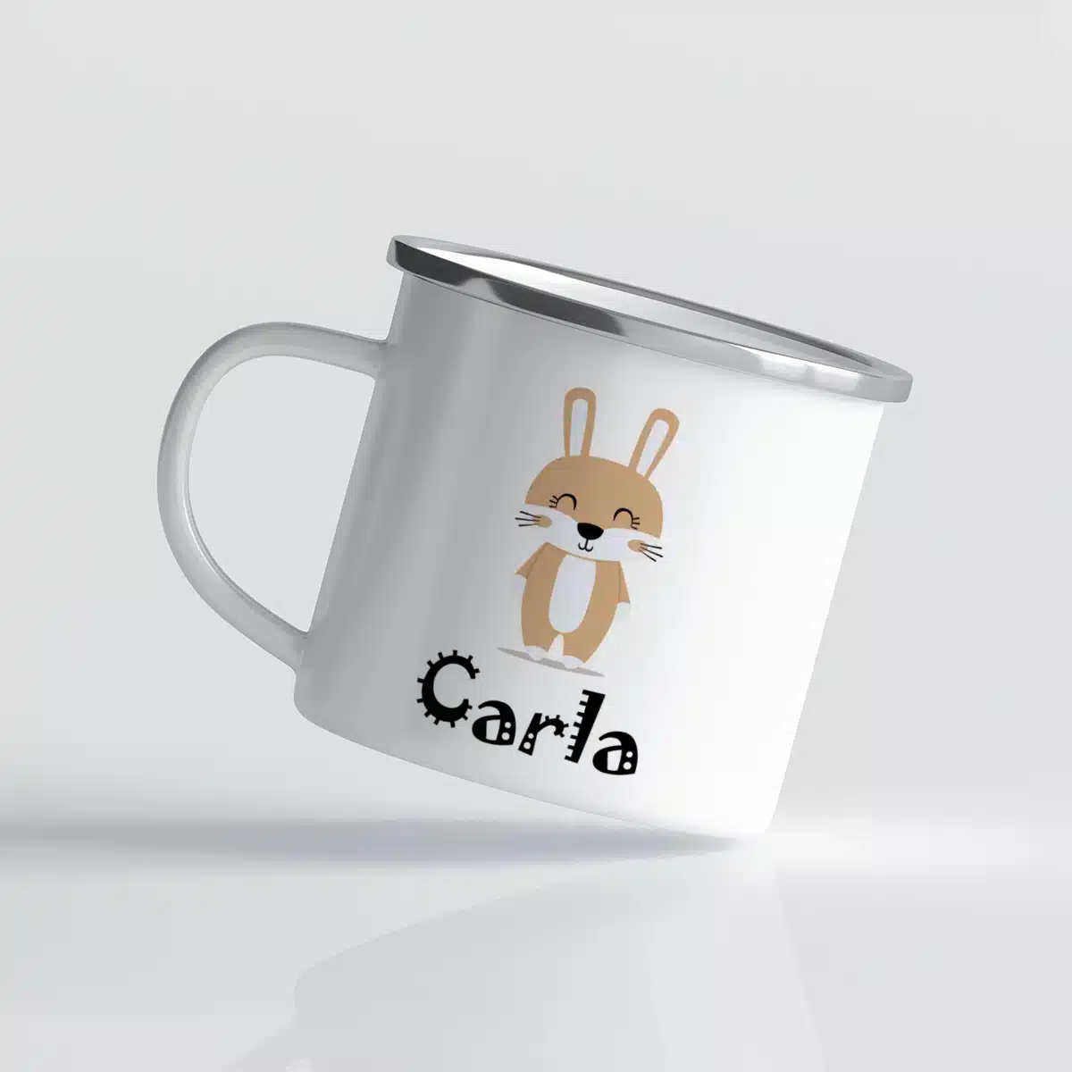 Cană metalică emailată personalizată cu nume copil si iepuras