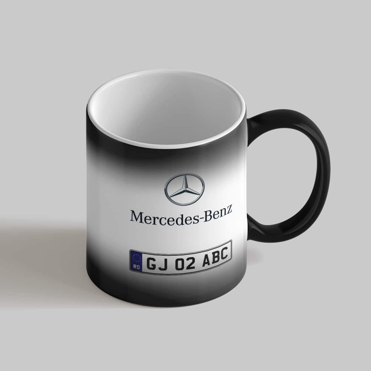 Cană Mercedes termosensibila, personalizată cu numărul masinii - Negru