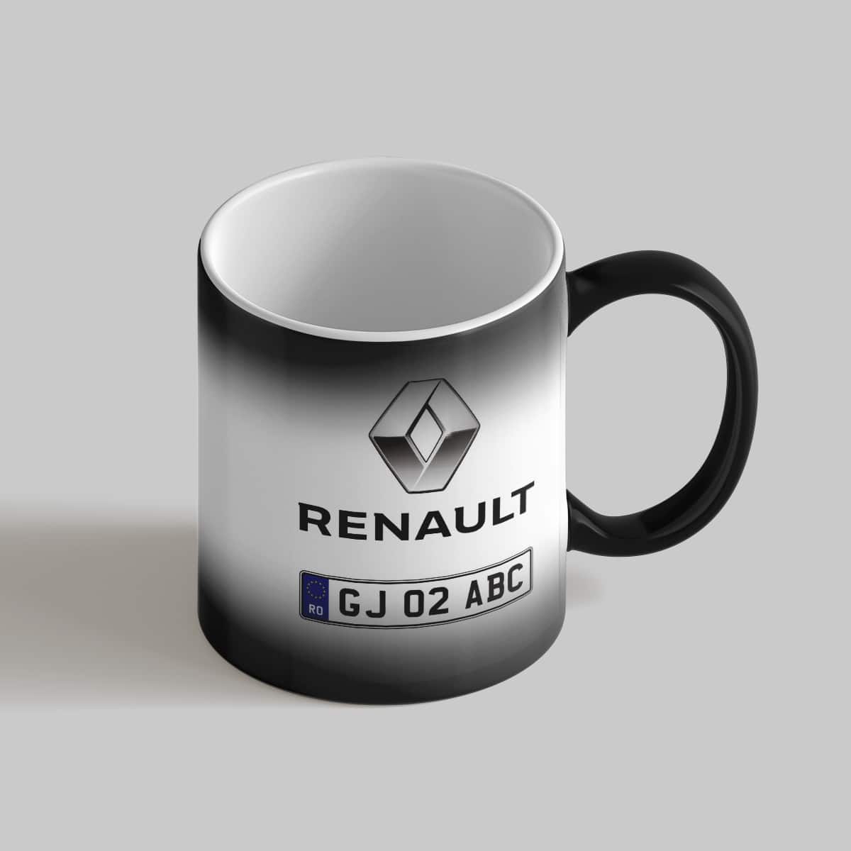 Cană Renault termosensibila, personalizată cu numărul masinii - Negru