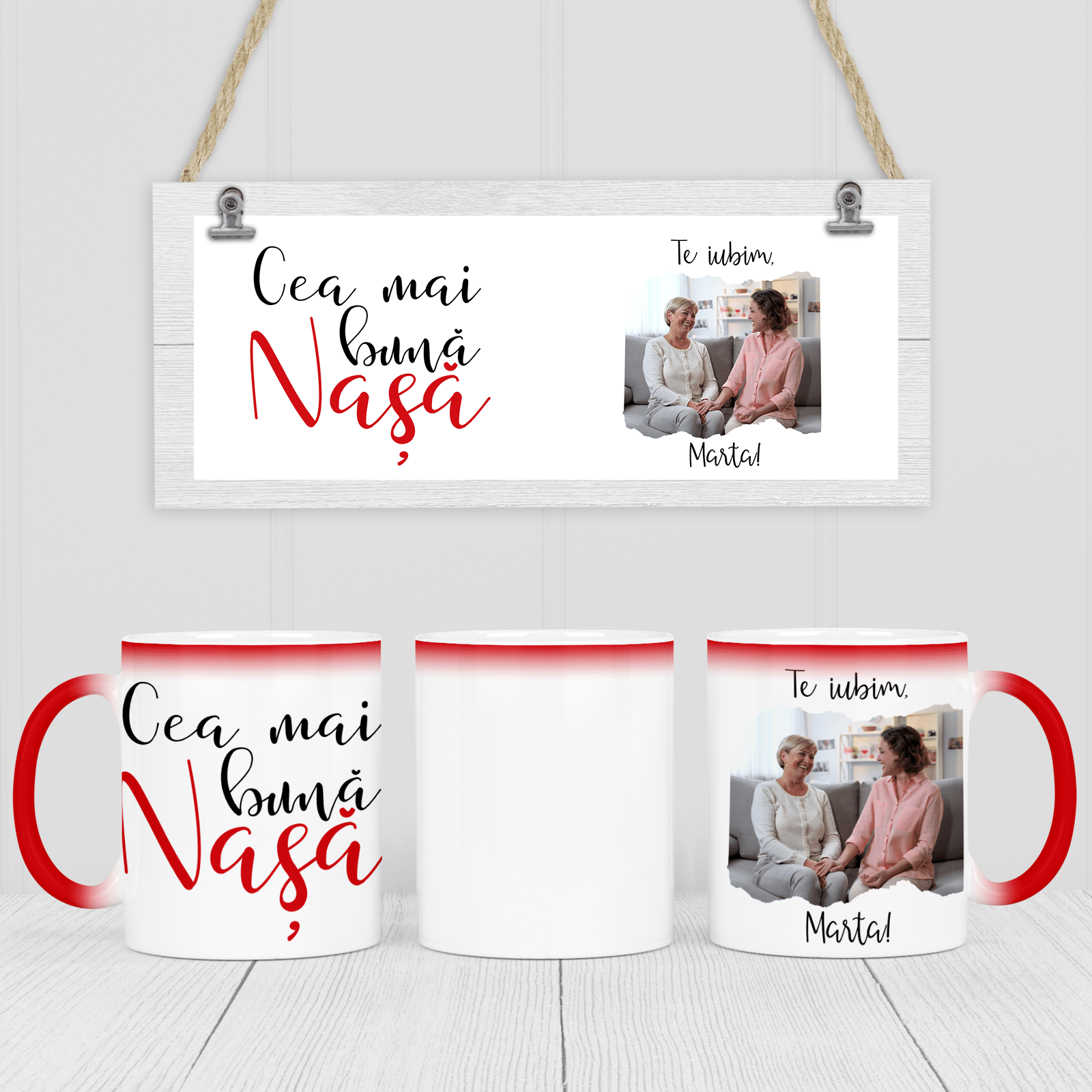Cană cadou pentru cea mai bună nașă – personalizată, termosensibilă, roșie