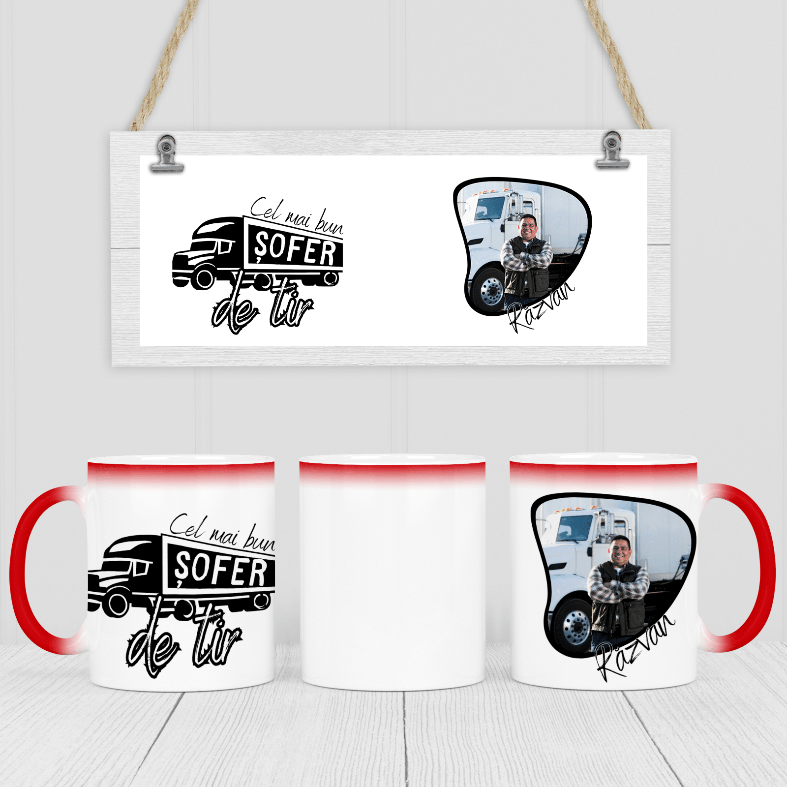 Cadou pentru șofer de tir – cană personalizată, termosensibilă, roșie