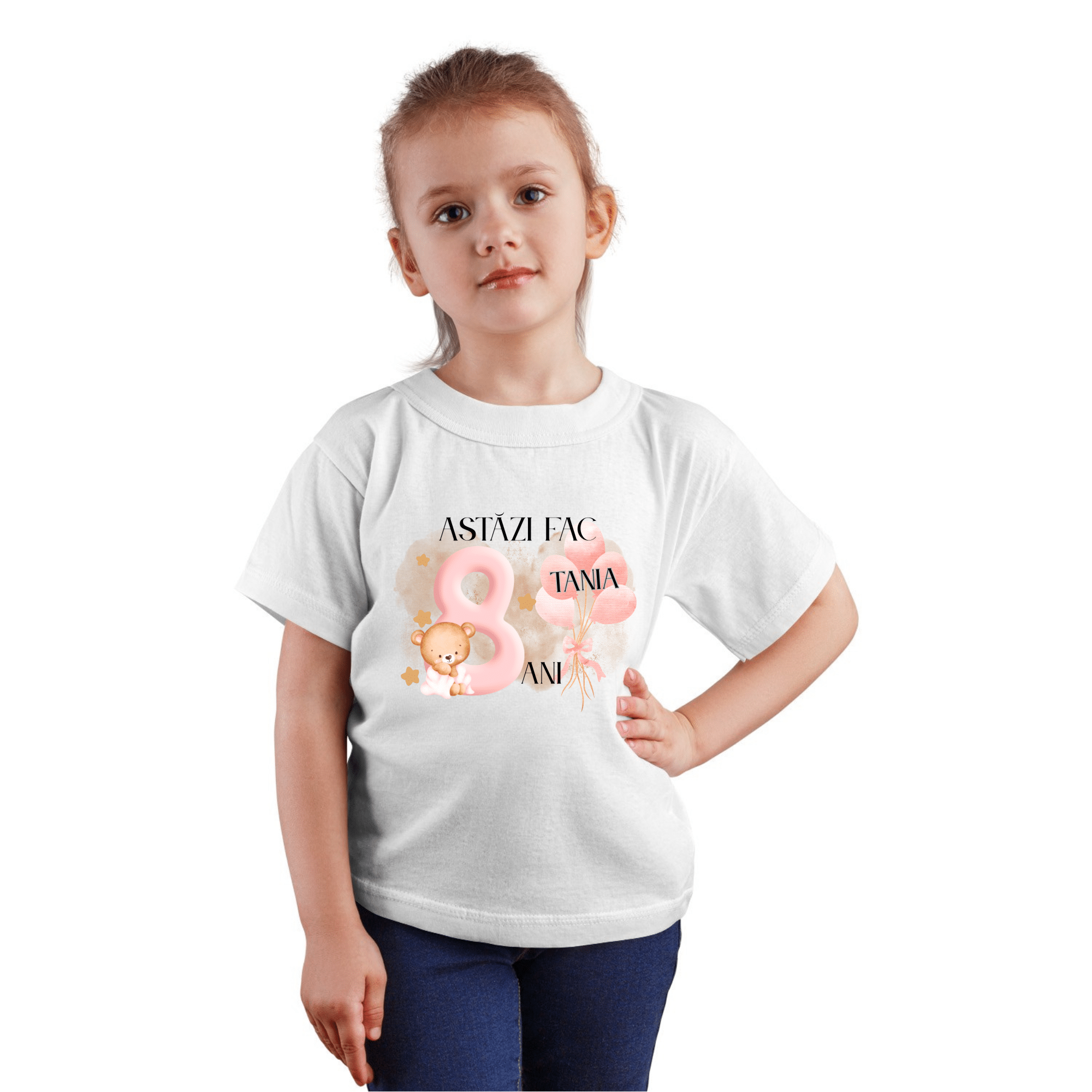 Cadou fetite 8 ani, pentru aniversare zi de nastere - tricou personalizat cu nume, alb