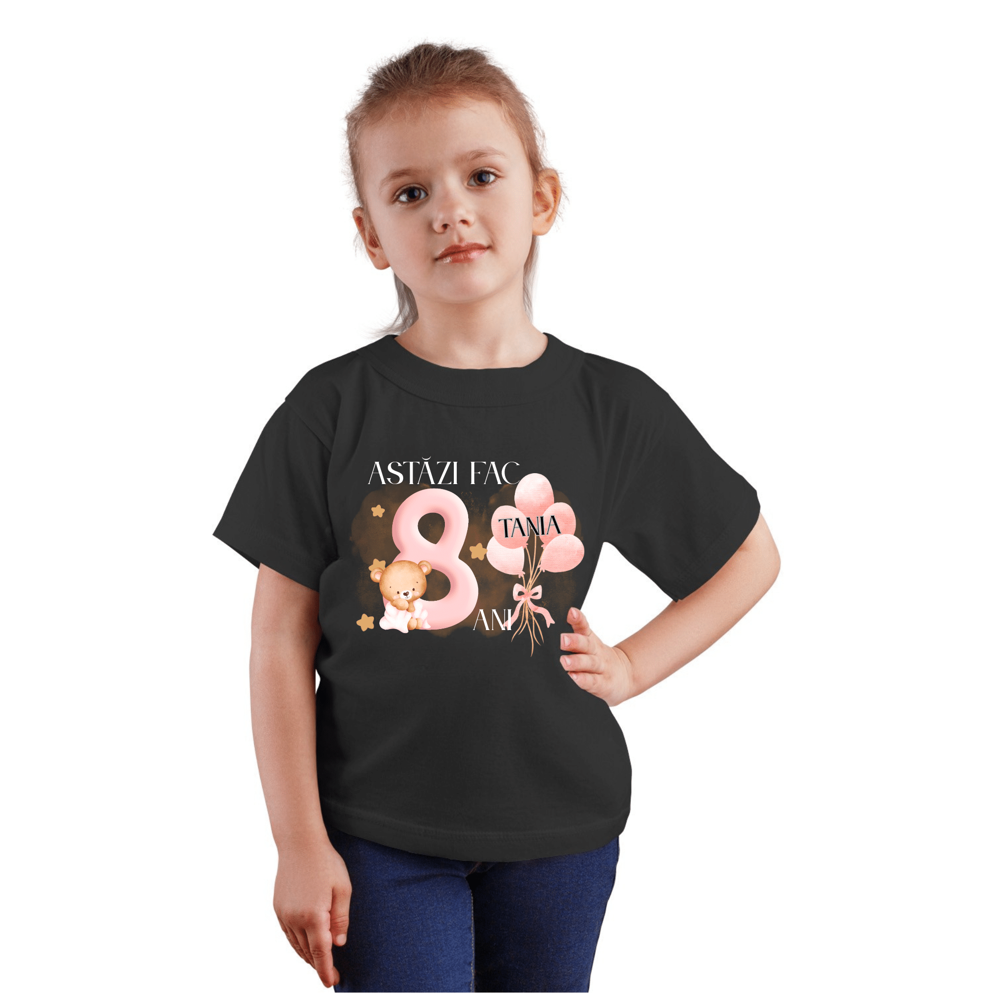 Cadou fetite 8 ani, pentru aniversare zi de nastere - tricou personalizat cu nume, negru