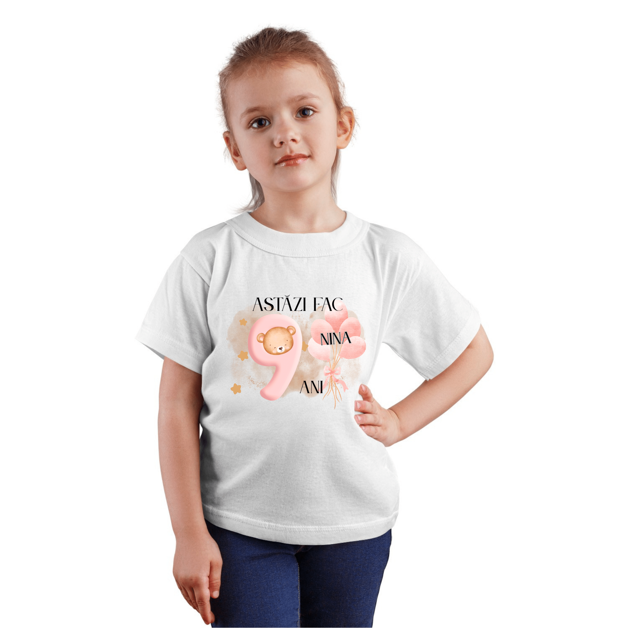 Cadou fetite 9 ani, pentru aniversare zi de nastere - tricou personalizat cu nume, alb