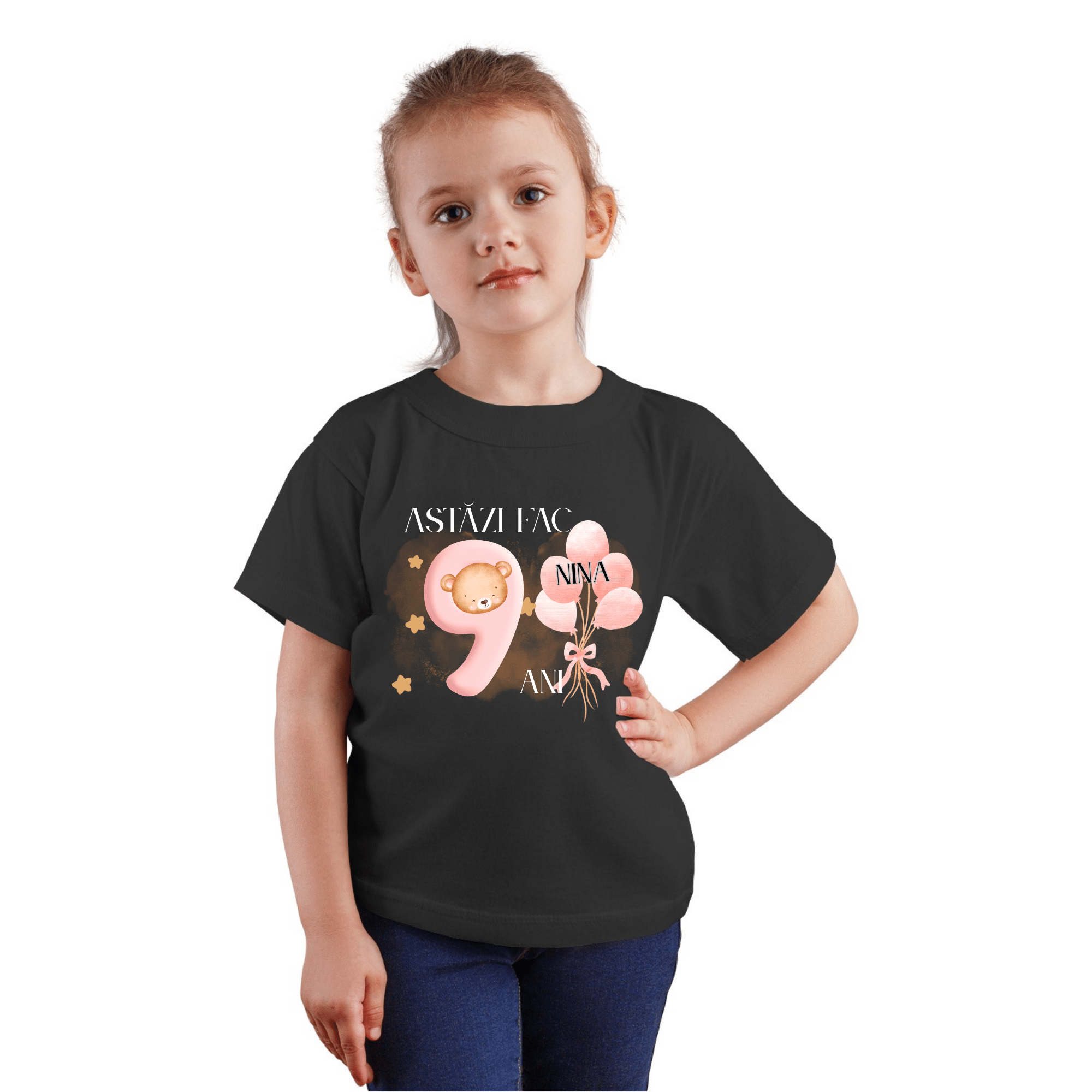 Cadou fetite 9 ani, pentru aniversare zi de nastere - tricou personalizat cu nume, negru