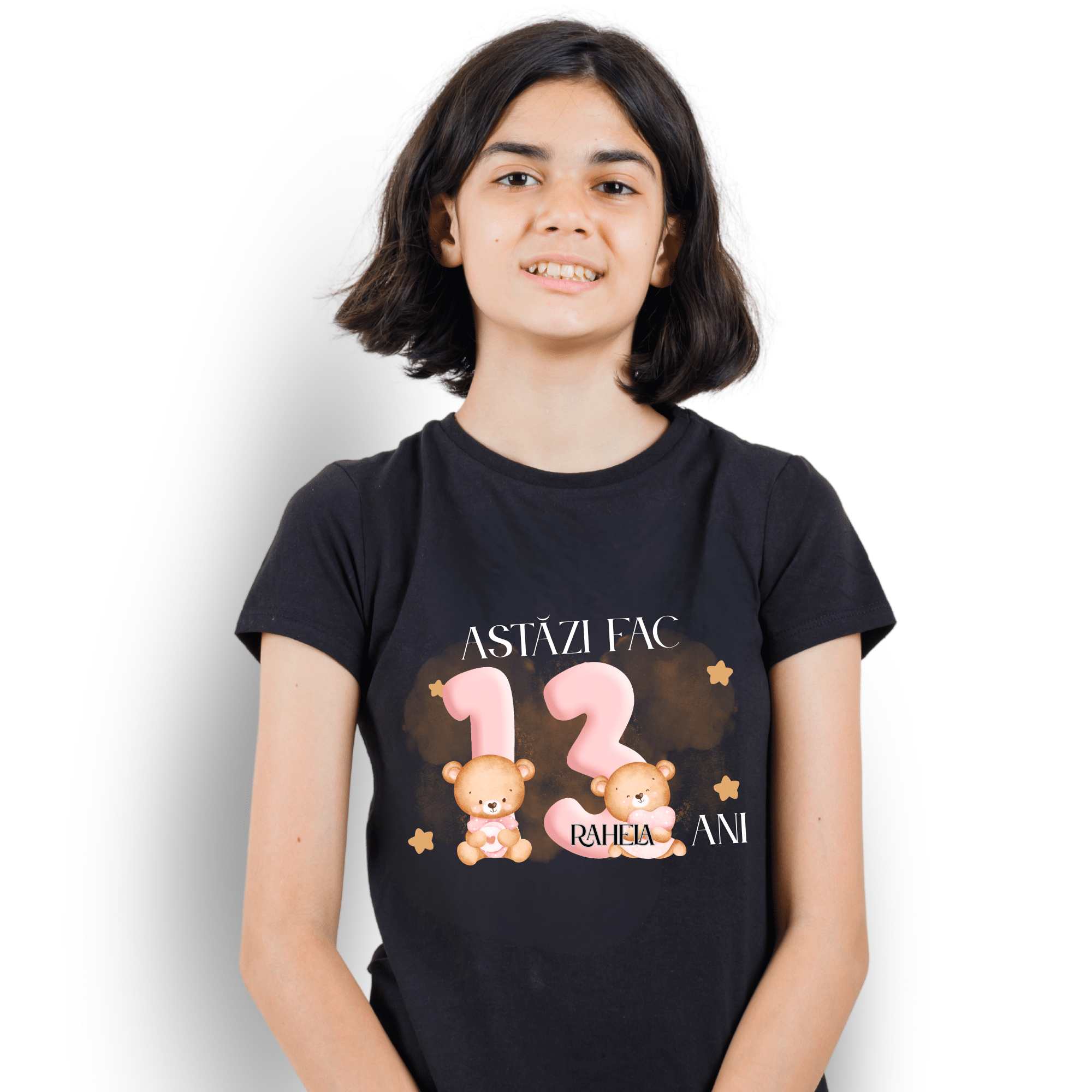 Cadou fete 13 ani, pentru aniversare zi de nastere - tricou personalizat cu nume, negru
