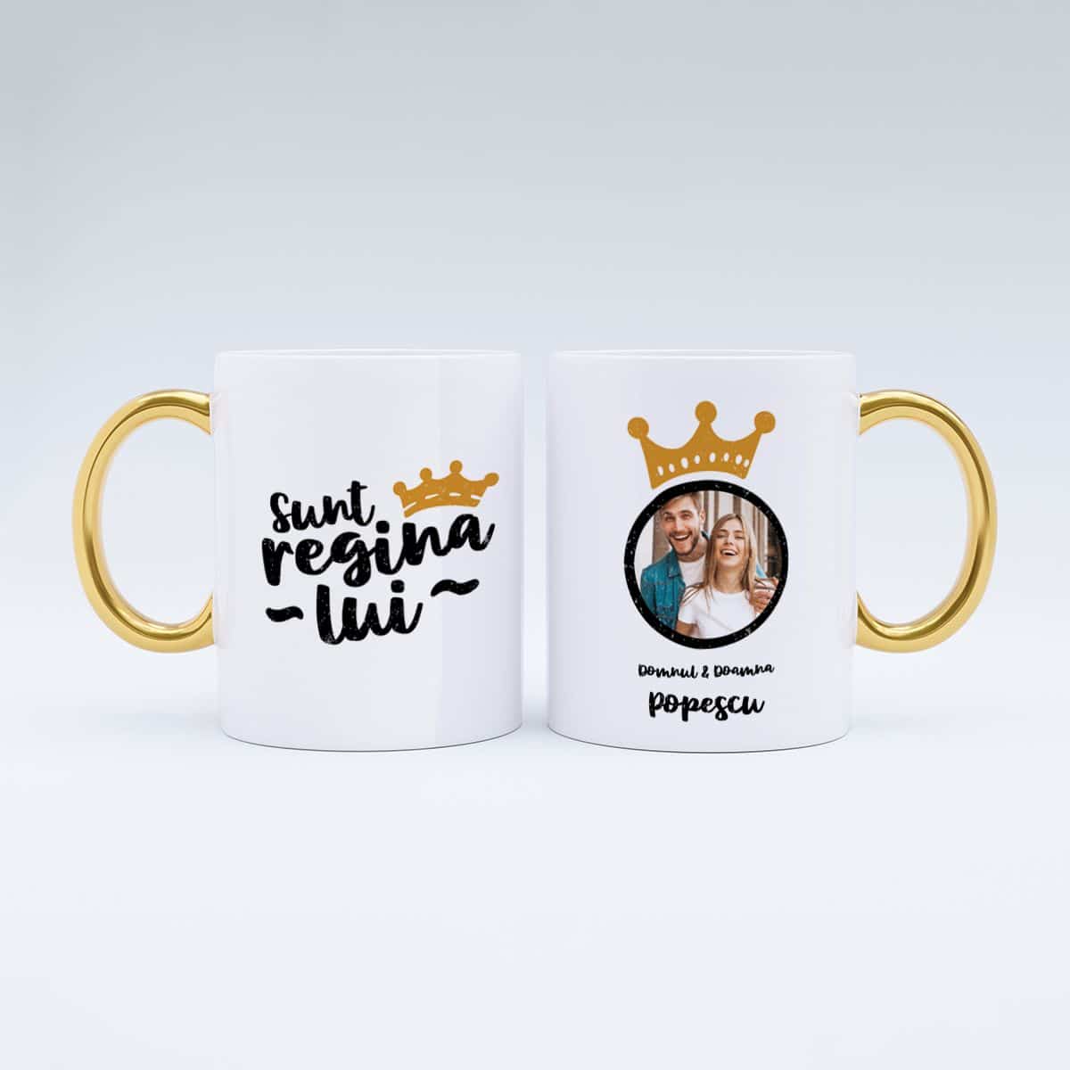 Cană cuplu, cu mâner auriu personalizată cu poză și nume pentru ea