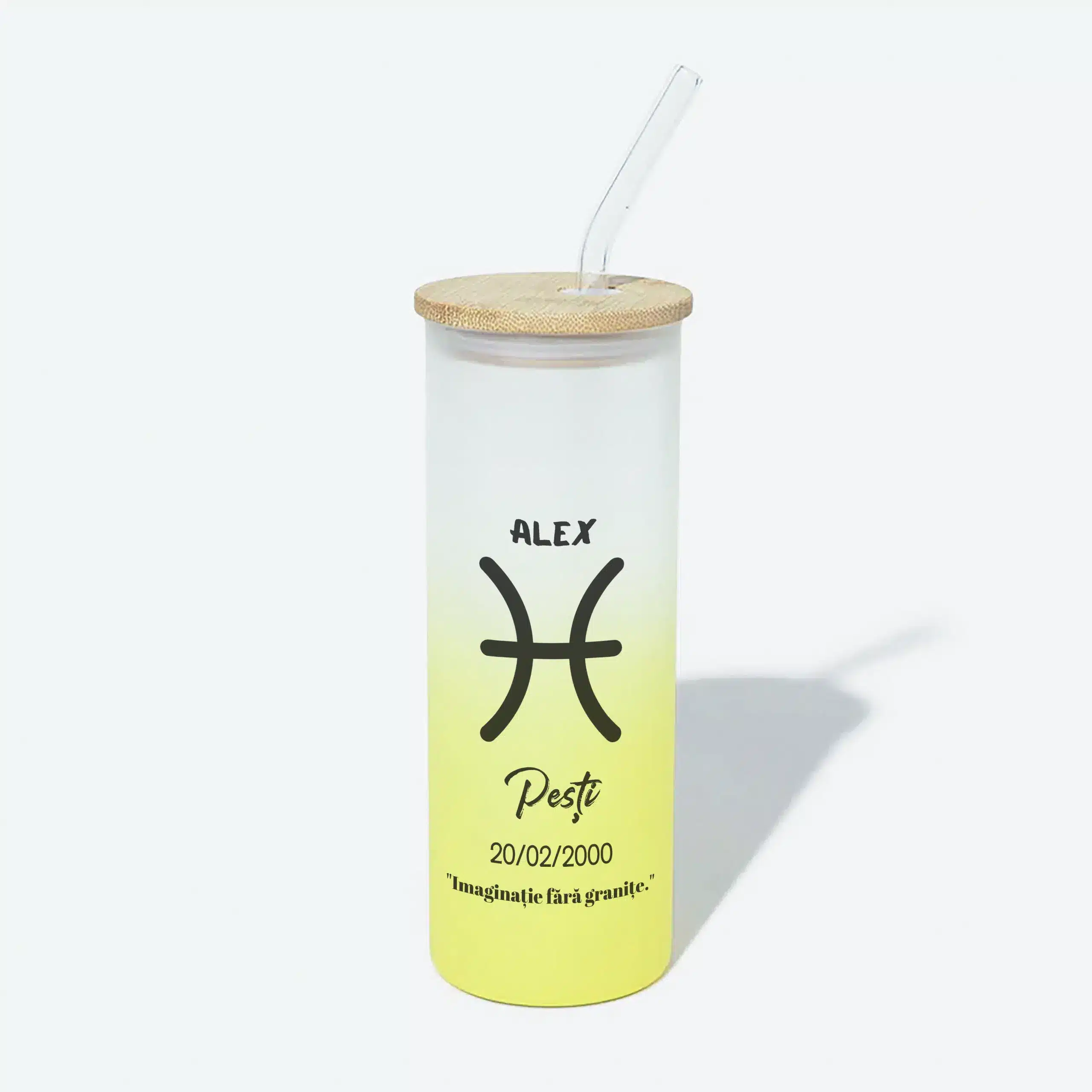 Cadou barbat zodia Pesti, pahar personalizat cu nume, din sticlă, cu pai, 500 ml