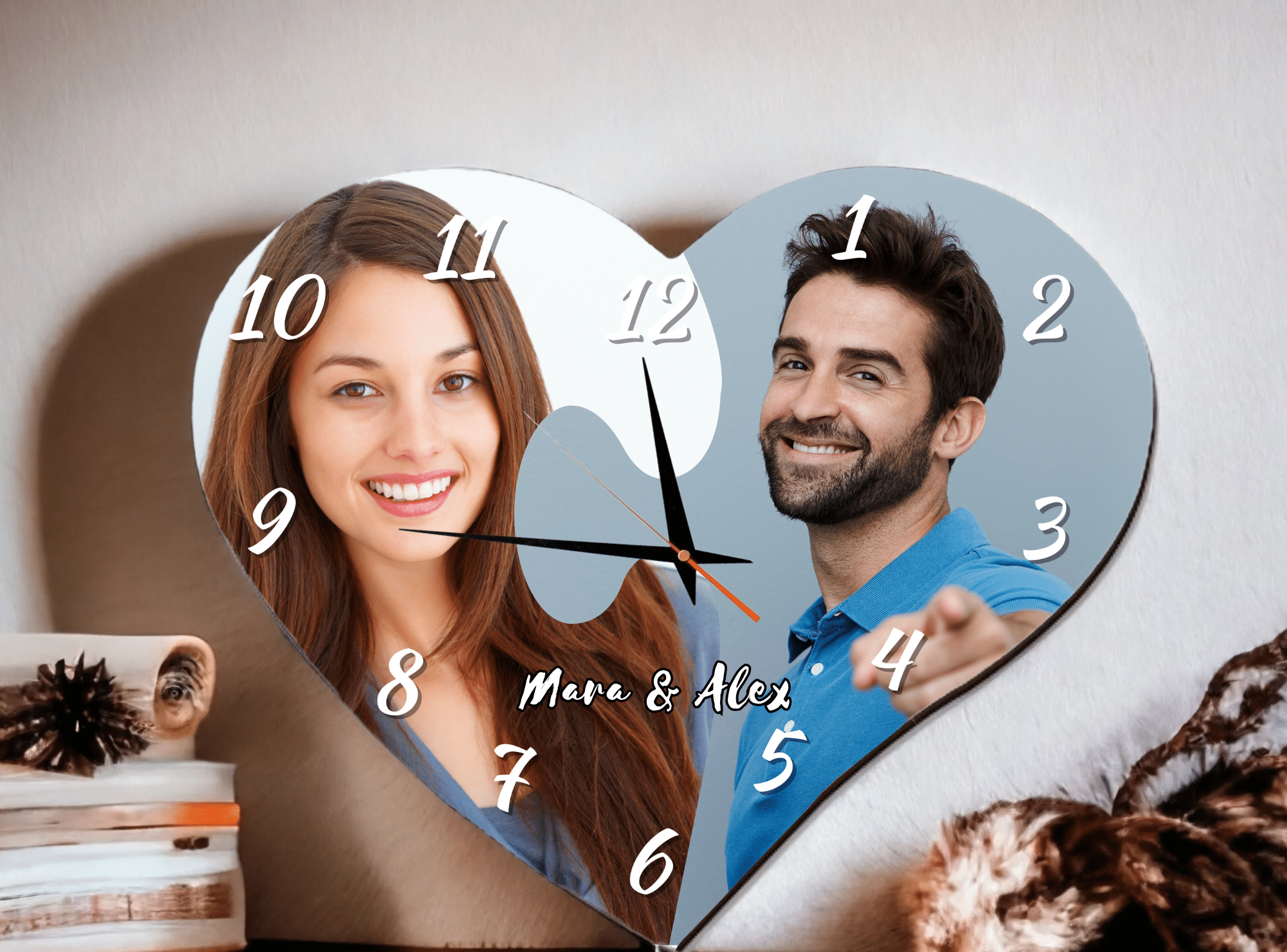 Ceas de perete personalizat, cadou aniversare cuplu, inima - Alb