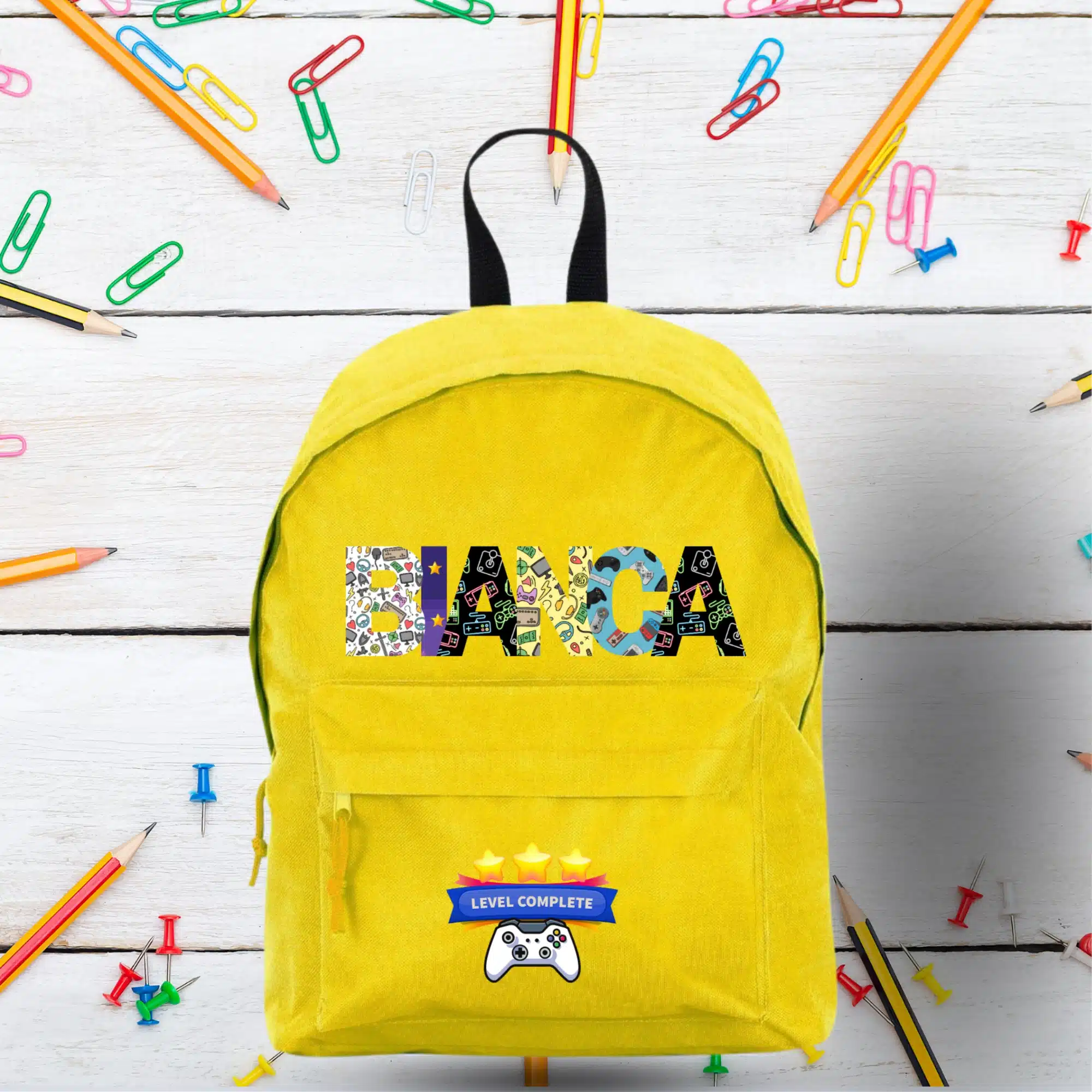 Ghiozdan personalizat scoala, cu nume, galben - Cadou pentru fete