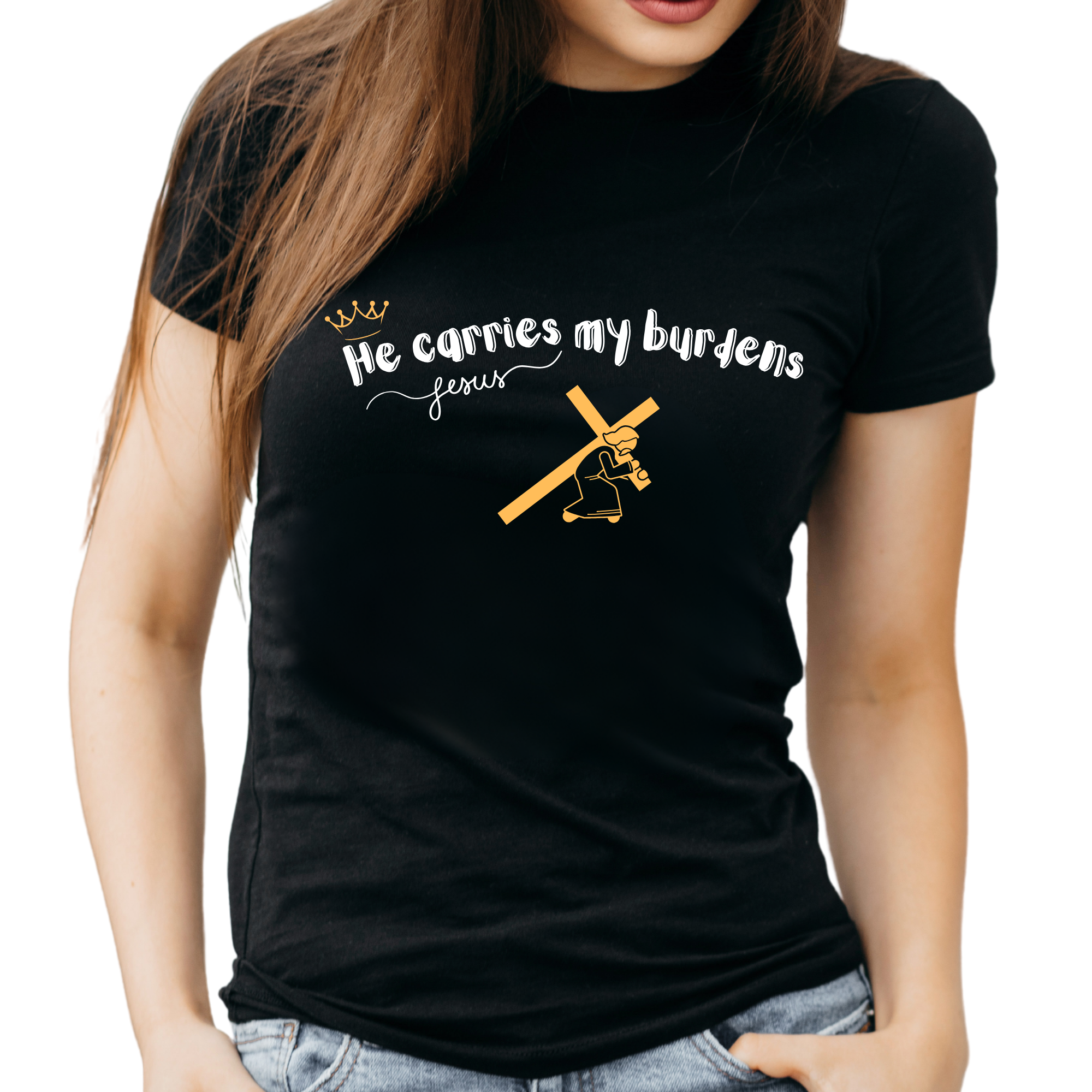 Tricou negru femei cu mesaj biblic- He carries my burdens