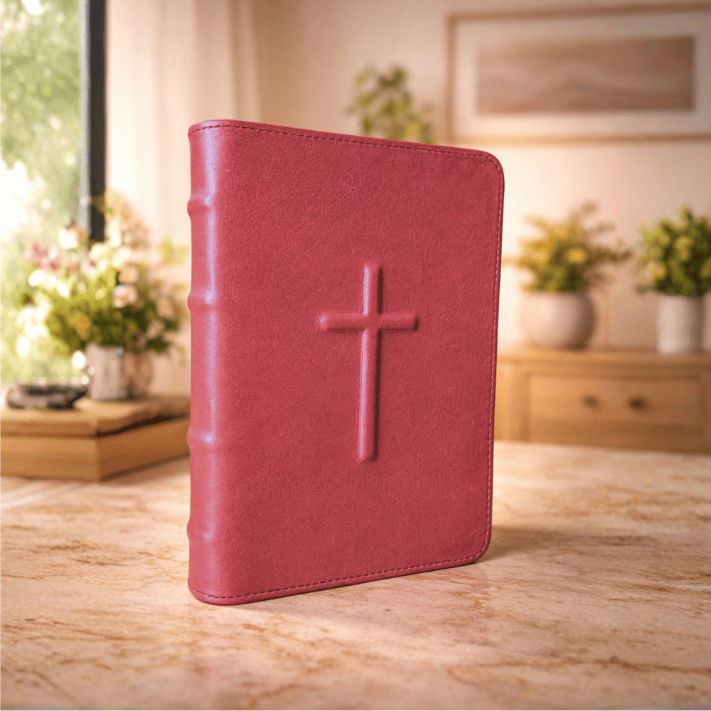 Biblie din piele, marime medie, grena, simbol cruce in relief, fermoar, index, margini aurii, cuv. lui Isus cu rosu [057 PFI]