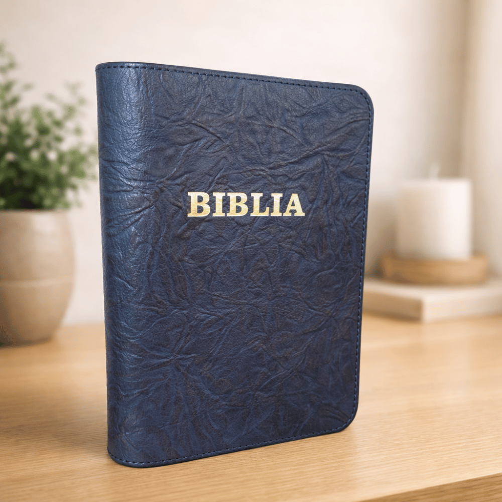 Biblie din piele finisaj rustic, marime medie, bleumarin, fermoar, index, margini aurii, cuv. lui Isus cu rosu [057 PFI]