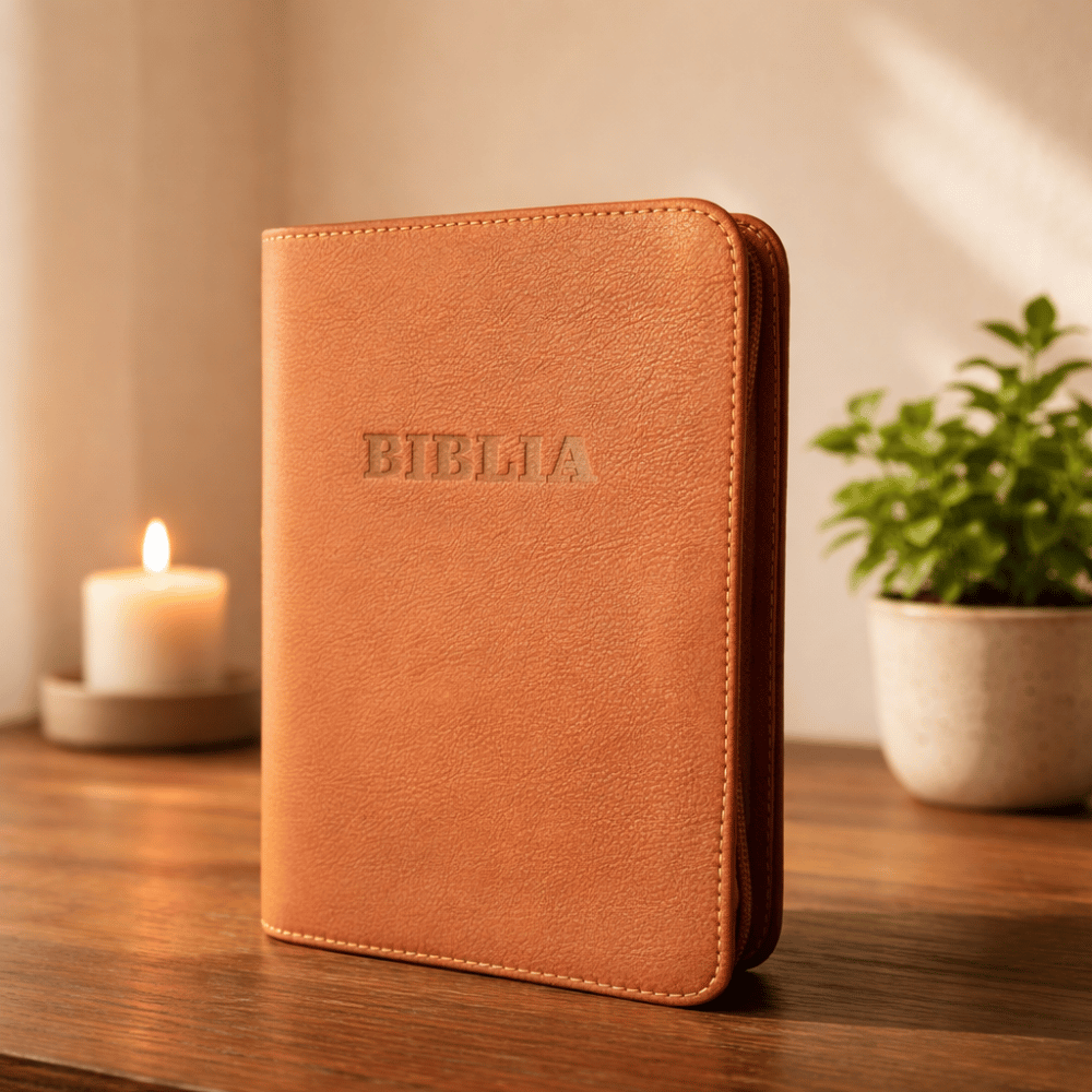 Biblie din piele, marime medie, maro, fermoar, index, margini aurii, cuv. lui Isus cu rosu [057 PFI]
