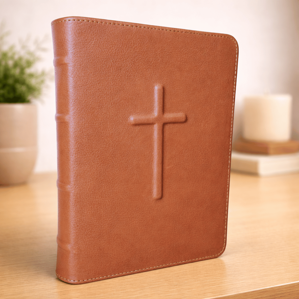 Biblia mare, coperta piele, maro brun deschis, fermoar maro deschis, index, aurita, cruce in relief, cuv. lui Isus cu rosu [073 PFI]