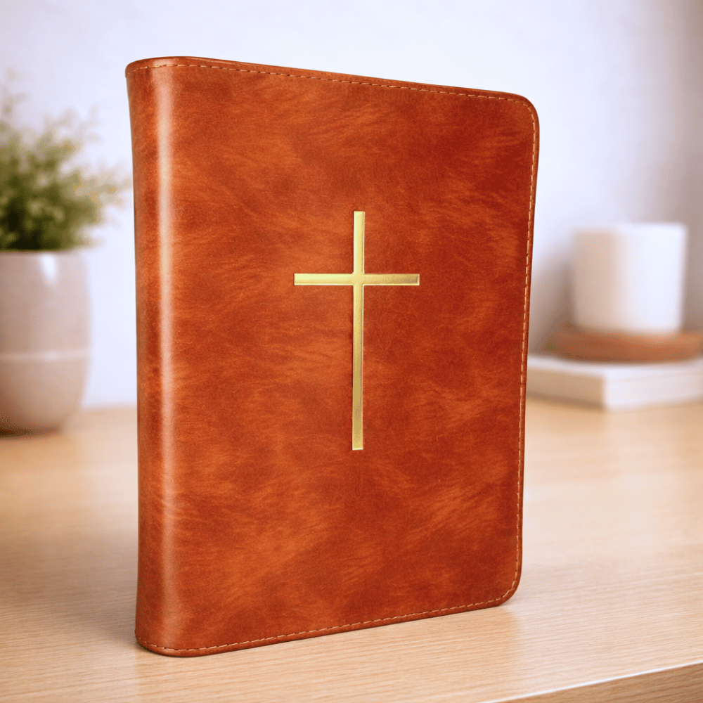 Biblia mare, coperta piele, maro roșcat marmorat, fermoar maro închis, index, aurita, cruce, cuv. lui Isus cu rosu [073 PFI]