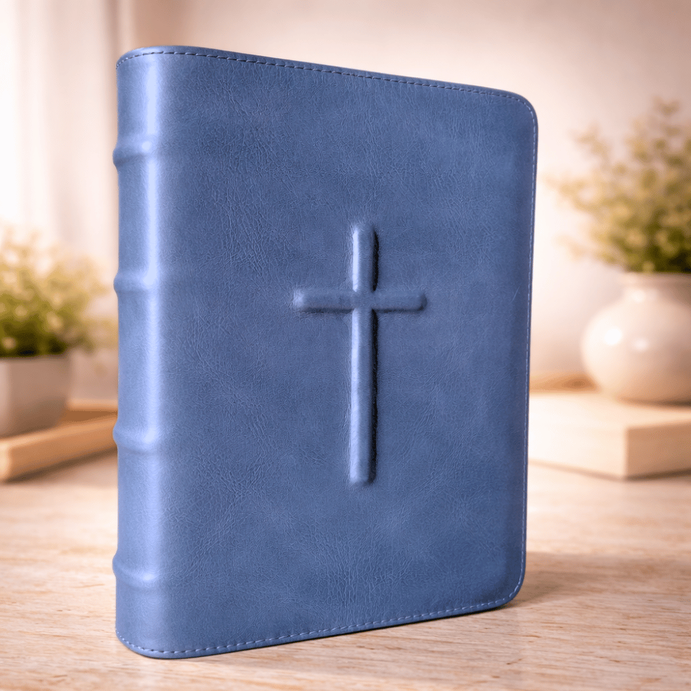 Biblia mare, coperta piele, bleumarin, fermoar, index, aurita, cruce in relief, cuv. lui Isus cu rosu [073 PFI]