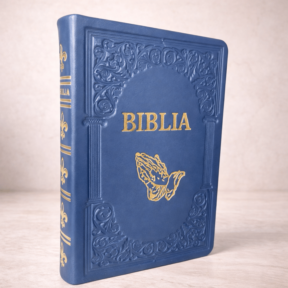Biblie mare, piele, handmade, bleumarin, simbol mâini în rugăciune, index, margini aurii, cuv. Isus cu rosu [SI 076 HM]