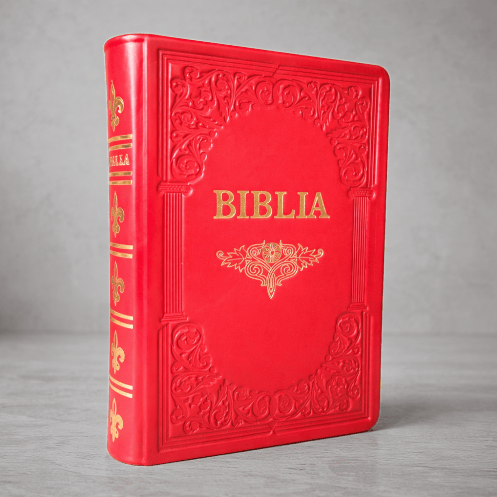 Biblie mare, piele, handmade, roșie, simbol mâini în rugăciune, index, margini aurii, cuv. Isus cu rosu [SI 076 HM]