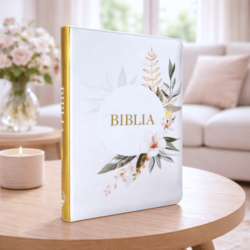 Biblie mare, piele ecologica, model floral alba, fermoar, index, margini aurii, cu cruce, cuv. Isus cu rosu [SI 073 FI]