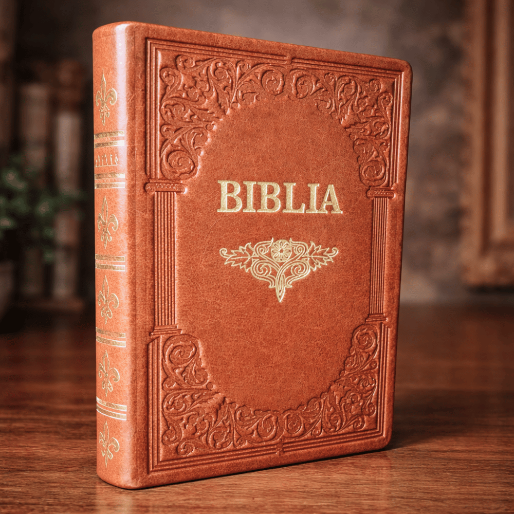 Biblie mare, piele, handmade, roșie, simbol mâini în rugăciune, index, margini aurii, cuv. Isus cu rosu [SI 076 HM]