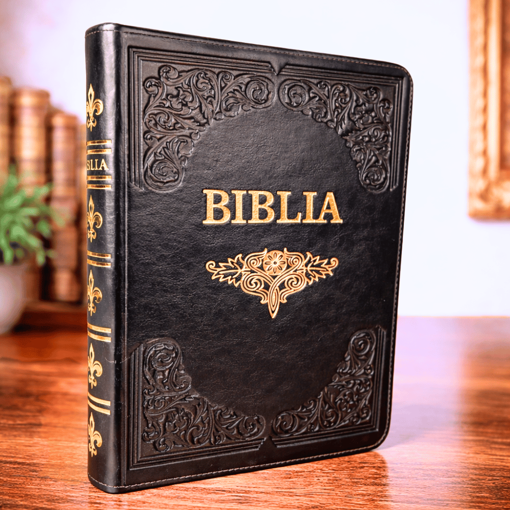 Biblie mare, piele, handmade, neagră, fermoar, index, margini aurii, cuv. Isus cu rosu [SI 076 HM]