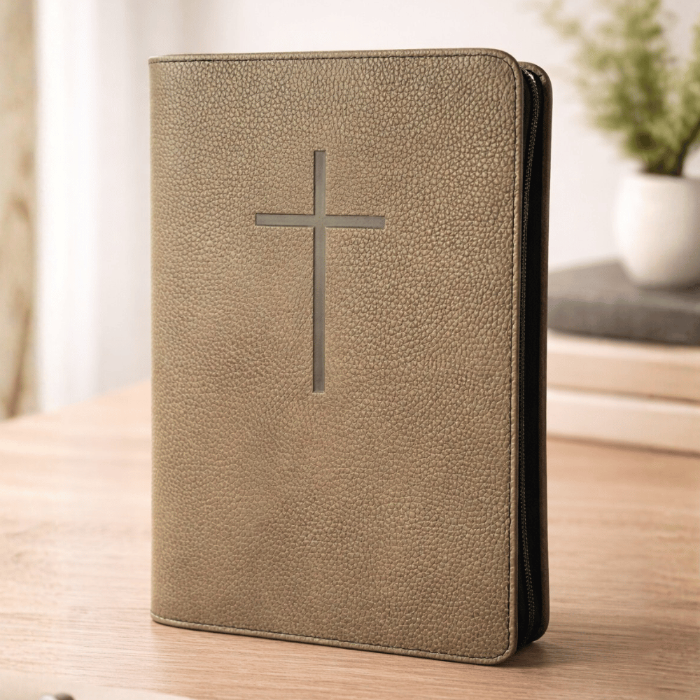 Biblia mare, coperta piele, maro, fermoar, index, aurita, cruce, cuv. lui Isus cu rosu [073 PFI]