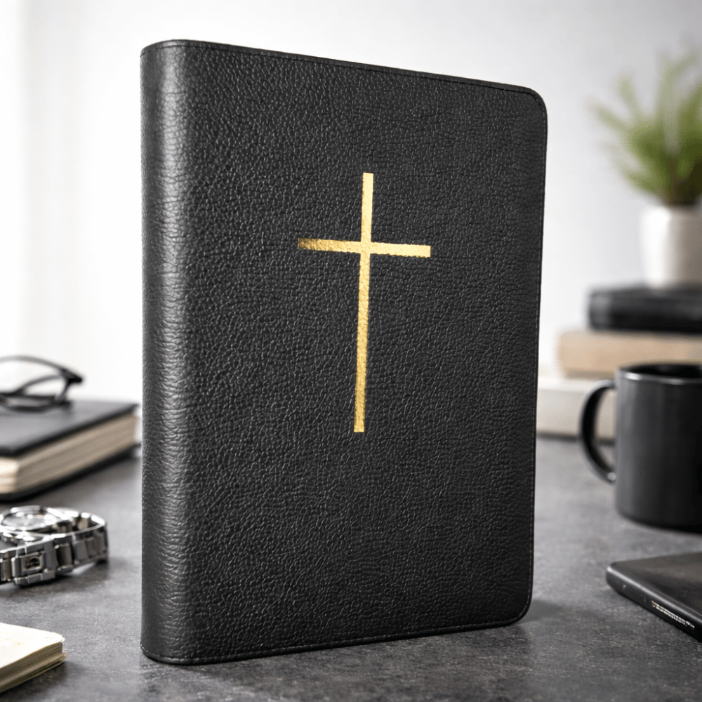 Biblia mare, coperta piele, neagra, fermoar, index, aurita, cruce, cuv. lui Isus cu rosu [073 PFI]