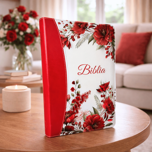Biblie mare, piele ecologica, model floral rosu, fermoar, index, margini aurii, cu cruce, cuv. Isus cu rosu [SI 073 FI]