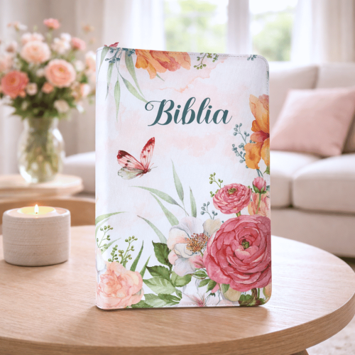 Biblie mare, piele ecologica, model floral roz, fermoar, index, margini aurii, cu cruce, cuv. Isus cu rosu [SI 073 FI]