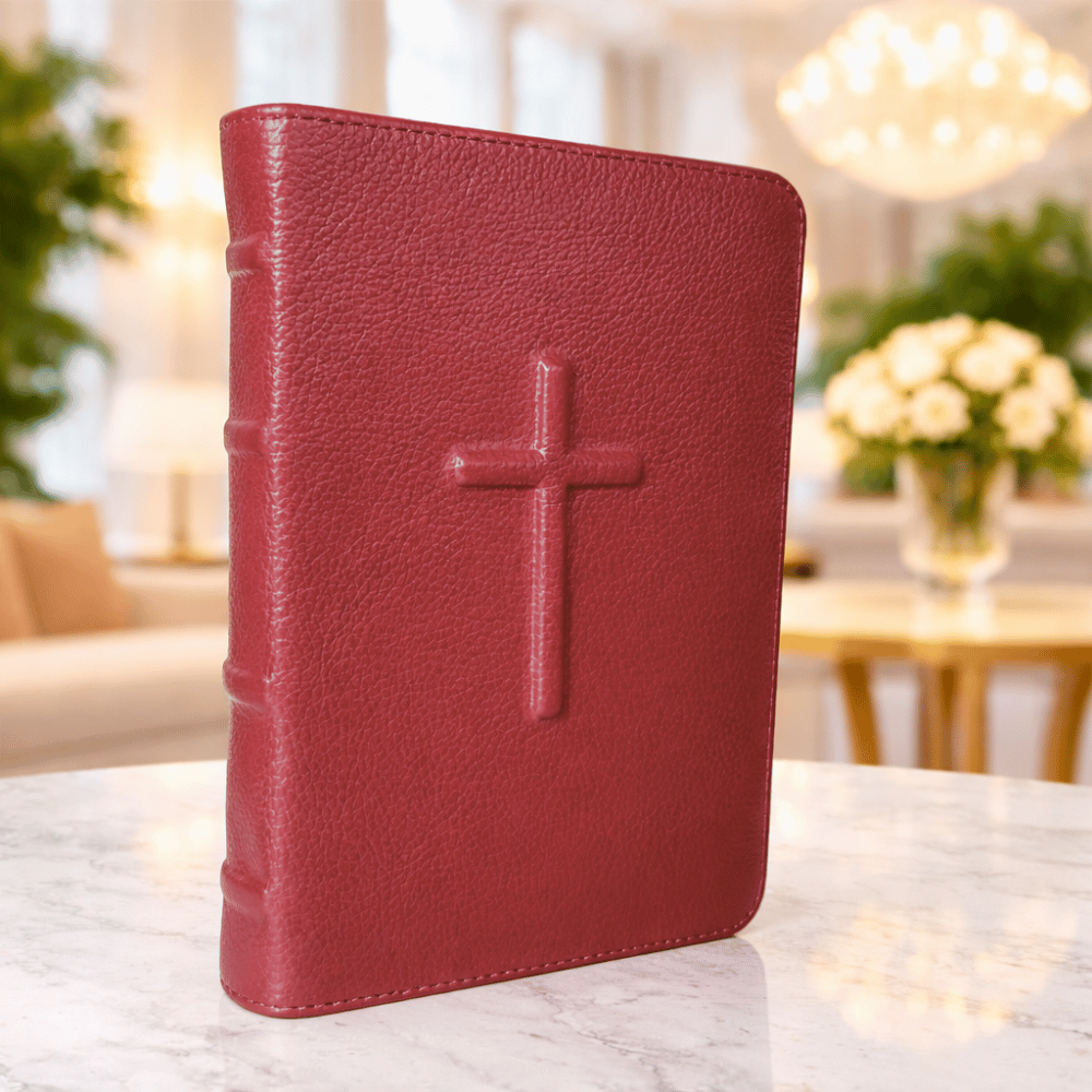 Biblie din piele bizonata, marime medie, visinie, simbol cruce in relief, fermoar, index, margini aurii, cuv. lui Isus cu rosu [057 PFI]