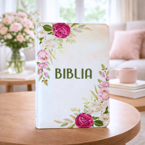 Biblie marime medie, piele ecologică, model floral alb, fermoar, index, margini aurii, cuv. lui Isus cu rosu [057 F]