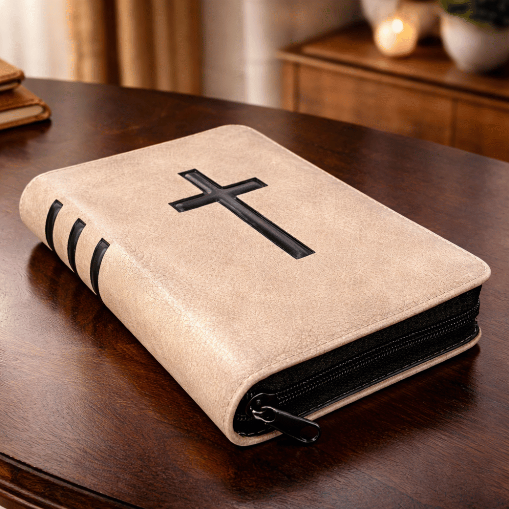 Biblia coperta editie limitata, piele bej-gri, medie, fermoar, index, aurita, cuv. lui Isus cu rosu [057 PFI]