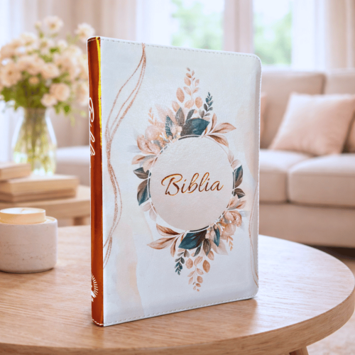 Biblie marime medie, piele ecologică, model floral arămiu, fermoar, index, margini arămii, cuv. lui Isus cu rosu [057 F]