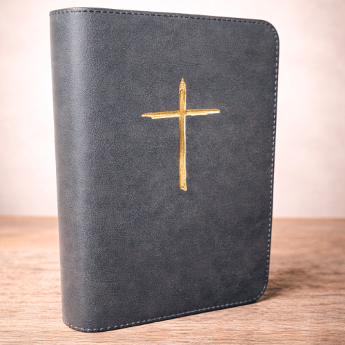 Biblie din piele, marime medie, gri inchis, simbol cruce, fermoar, index, margini aurii, cuv. lui Isus cu rosu [057 PFI]