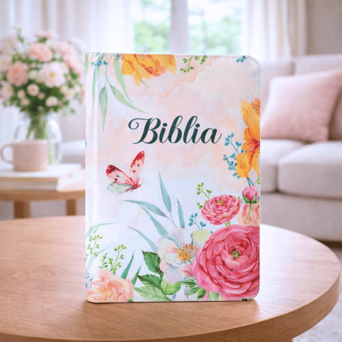 Biblie marime medie, piele ecologică, model floral roz, fermoar, index, margini aurii, cuv. lui Isus cu rosu [057 F]