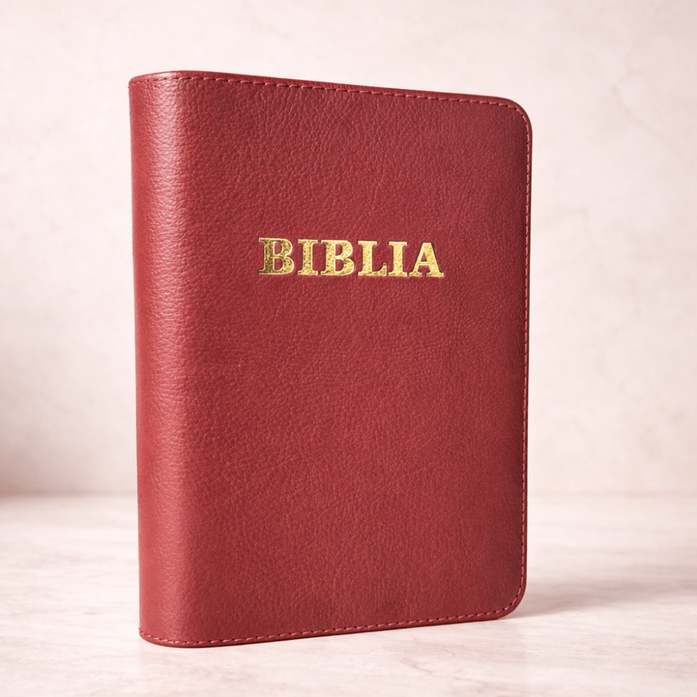 Biblie din piele, marime medie, vișiniu marmorat, simbol cruce, fermoar, index, margini aurii, cuv. lui Isus cu rosu [057 PFI]