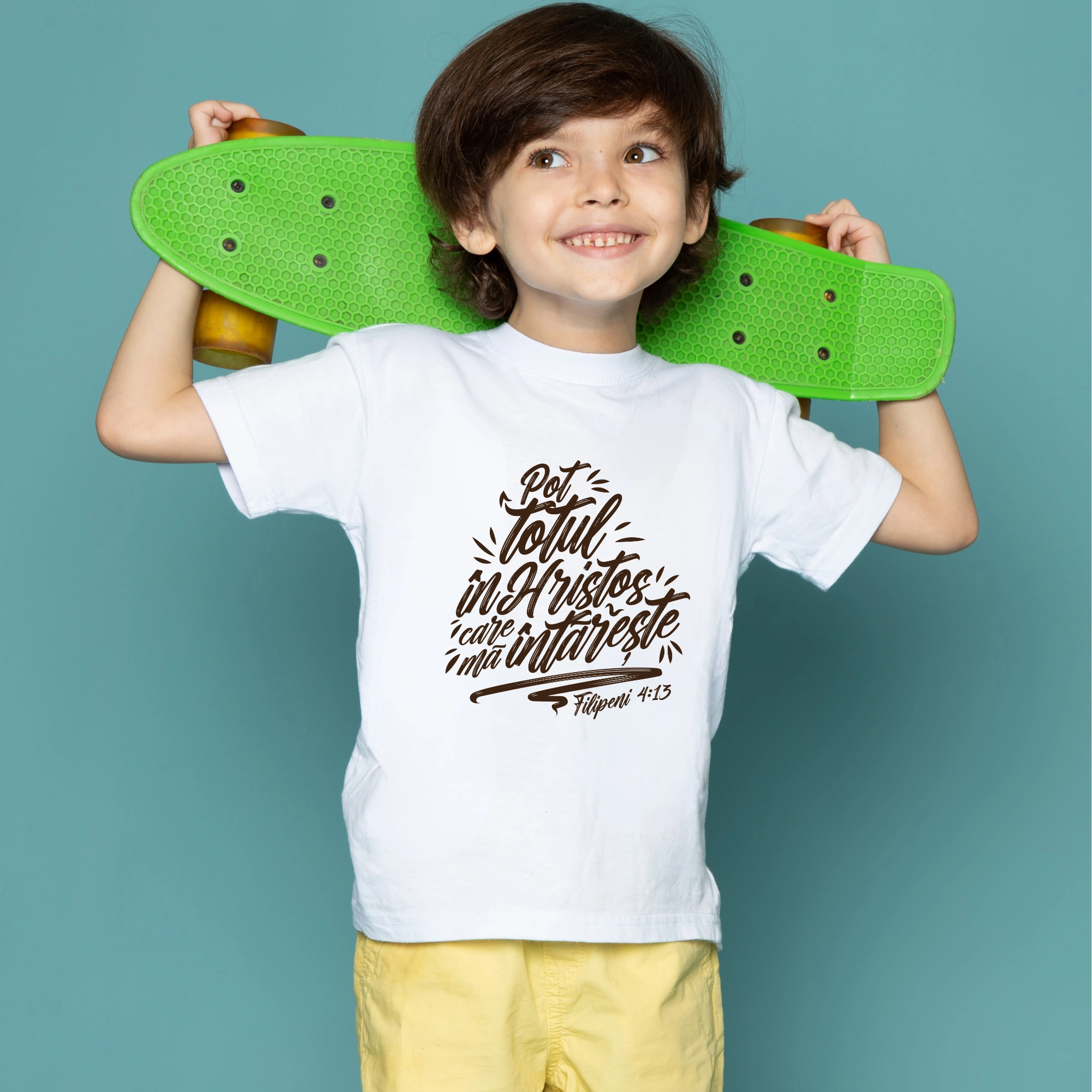 Tricou alb baieti, verset biblic - Filipeni 4:13