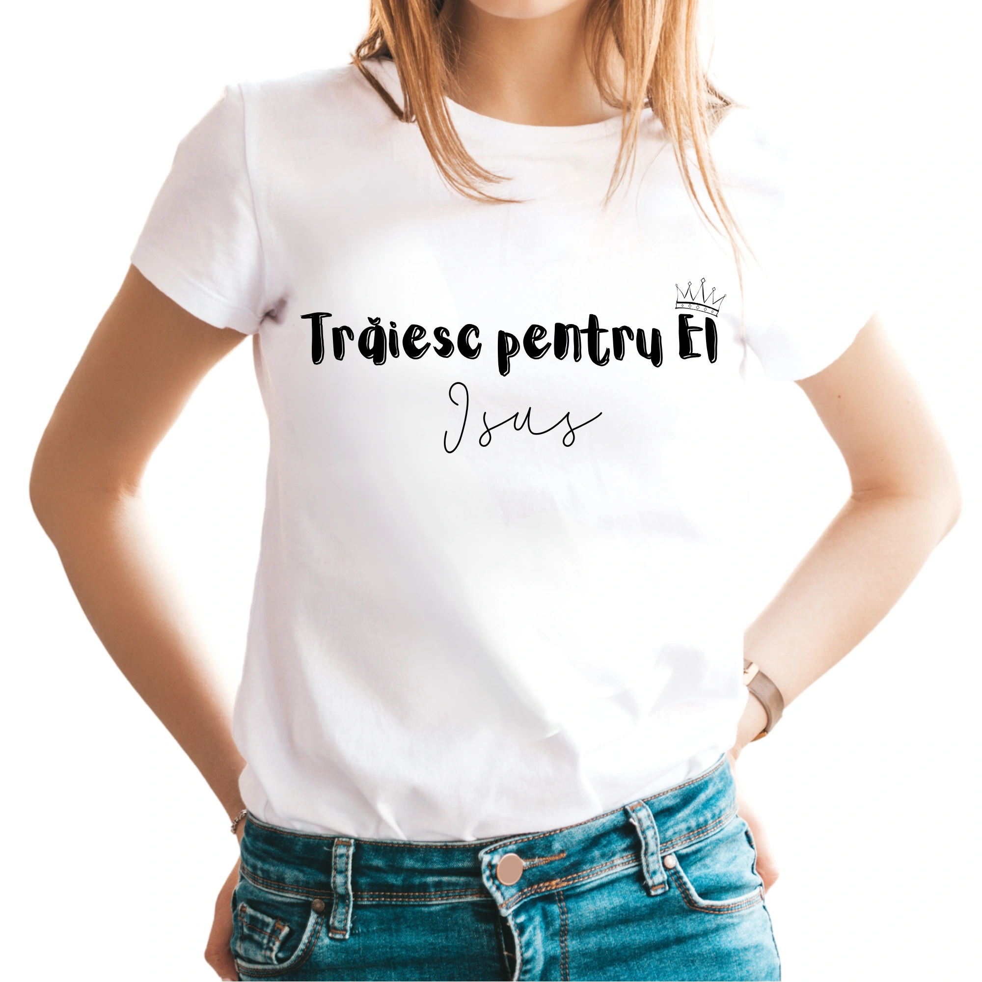 Tricou alb femei cu mesaj biblic-Traiesc pentru EL