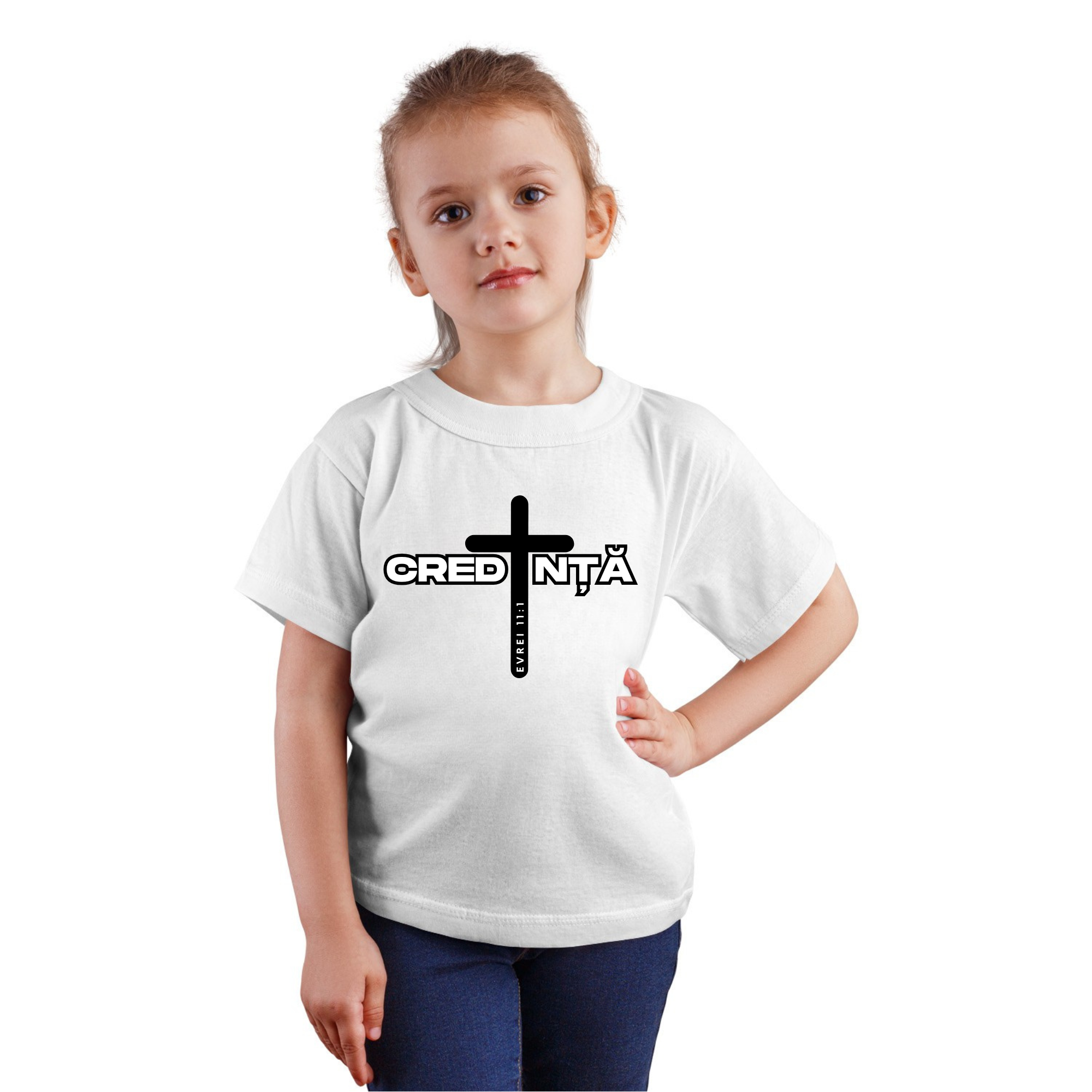 Tricou alb personalizat fete, mesaj biblic- Credință