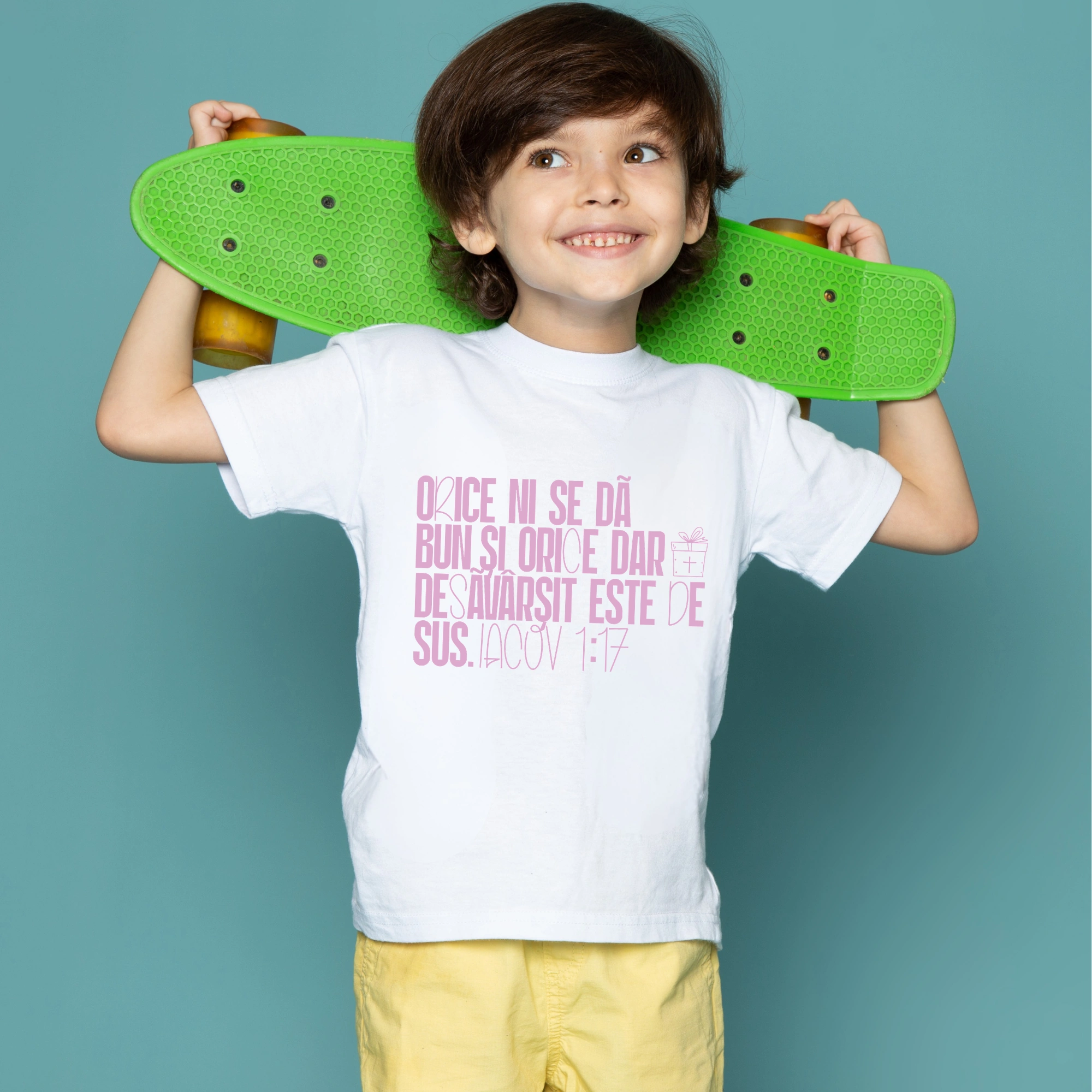 Tricou alb baieti, verset biblic - Iacov 1:17