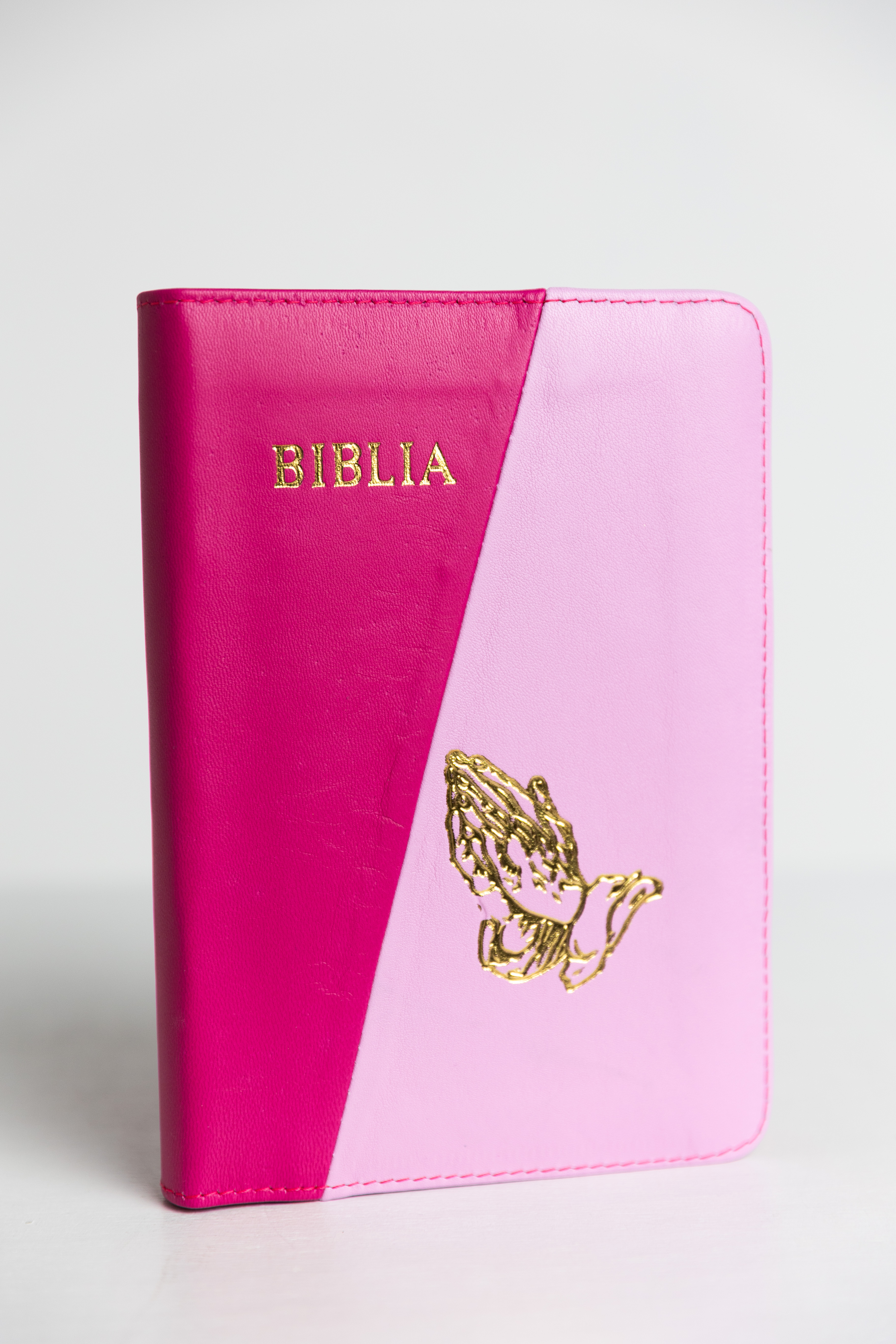 Biblie din piele, marime medie, roz bombon cu roz magenta deschis, fermoar, index, margini aurii, maini in ruga [SB 057 PFI]