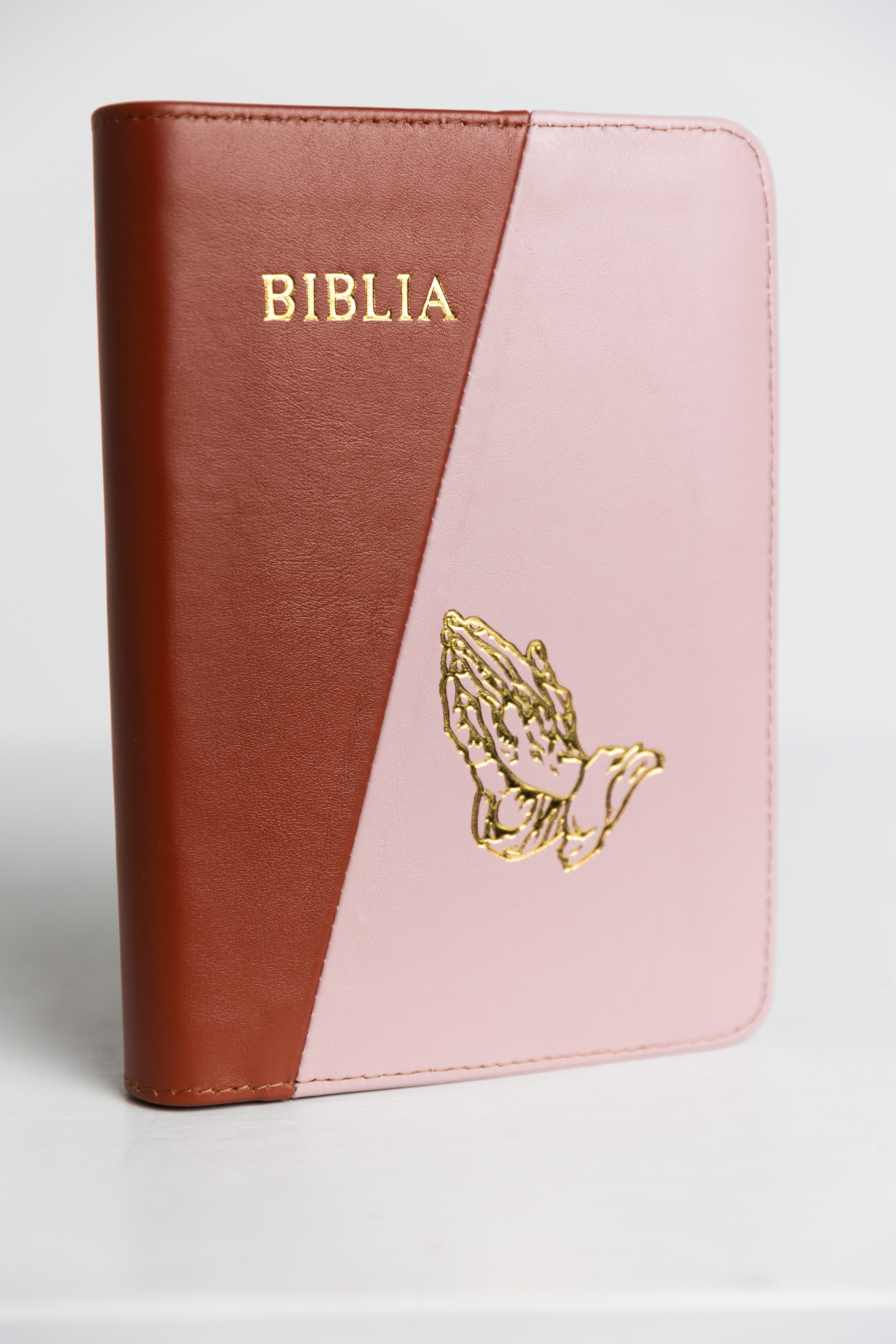 Biblie din piele, marime medie, maro cu roz pudrat, fermoar, index, margini aurii, maini in ruga [SB 057 PFI]