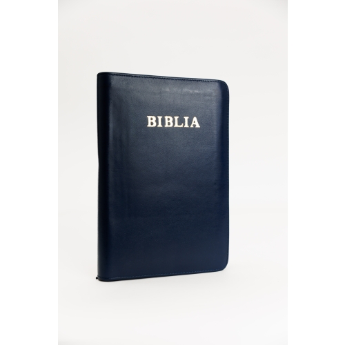 Biblie din piele, marime mare, culoare bleumarin, fermoar, index, margini aurii, cuv. lui Isus cu rosu [SI 073 PFI]