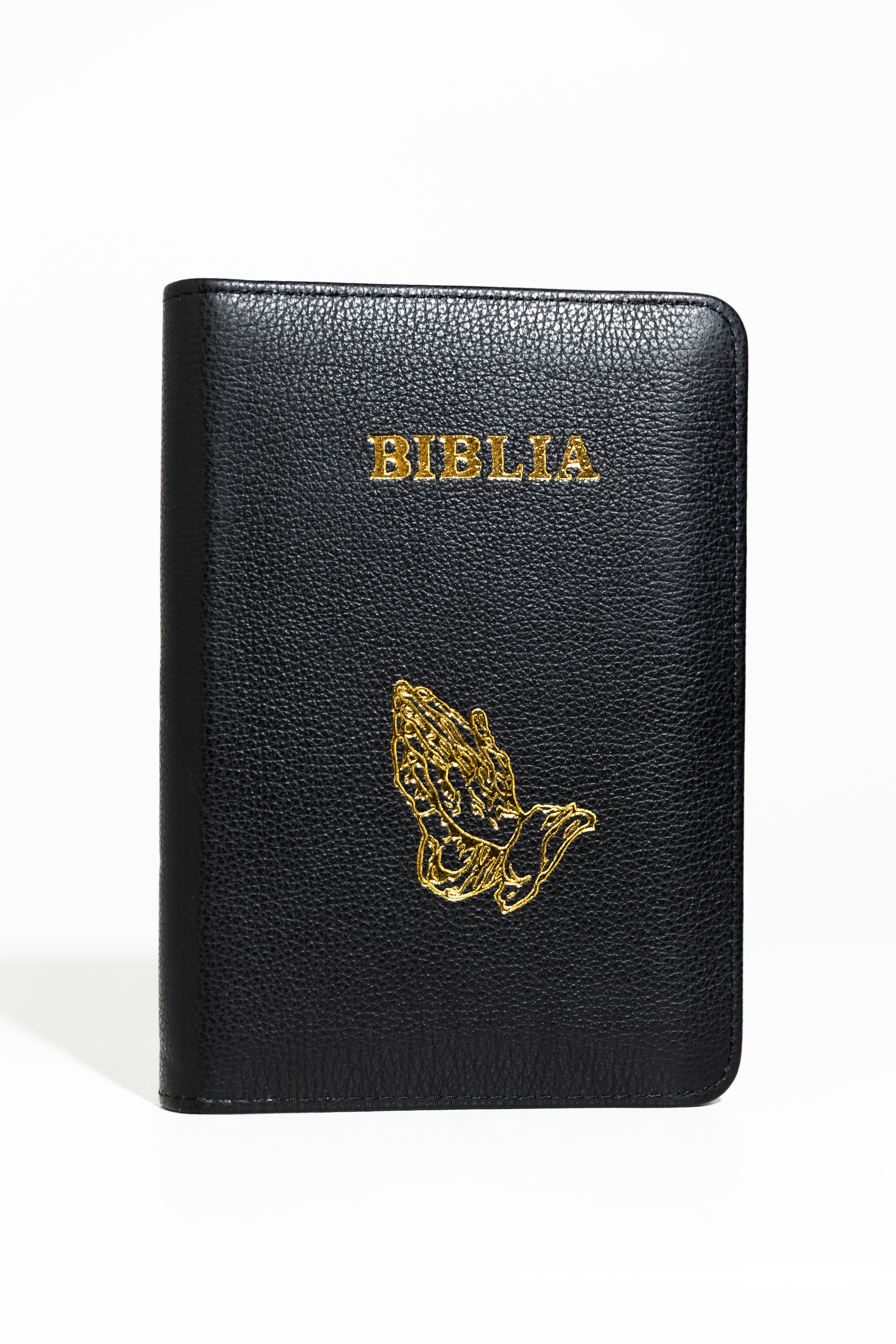 Biblie din piele, marime medie, neagra, simbol maini in rugaciune, fermoar, index, margini aurii, cuv. lui Isus cu rosu [SB 057 PFI]