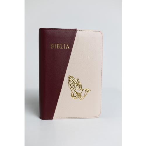 Biblie din piele, medie, bordo cu crem, margini aurii, index, maini in rugaciune, cuv. lui isus cu roșu [057 PFI]