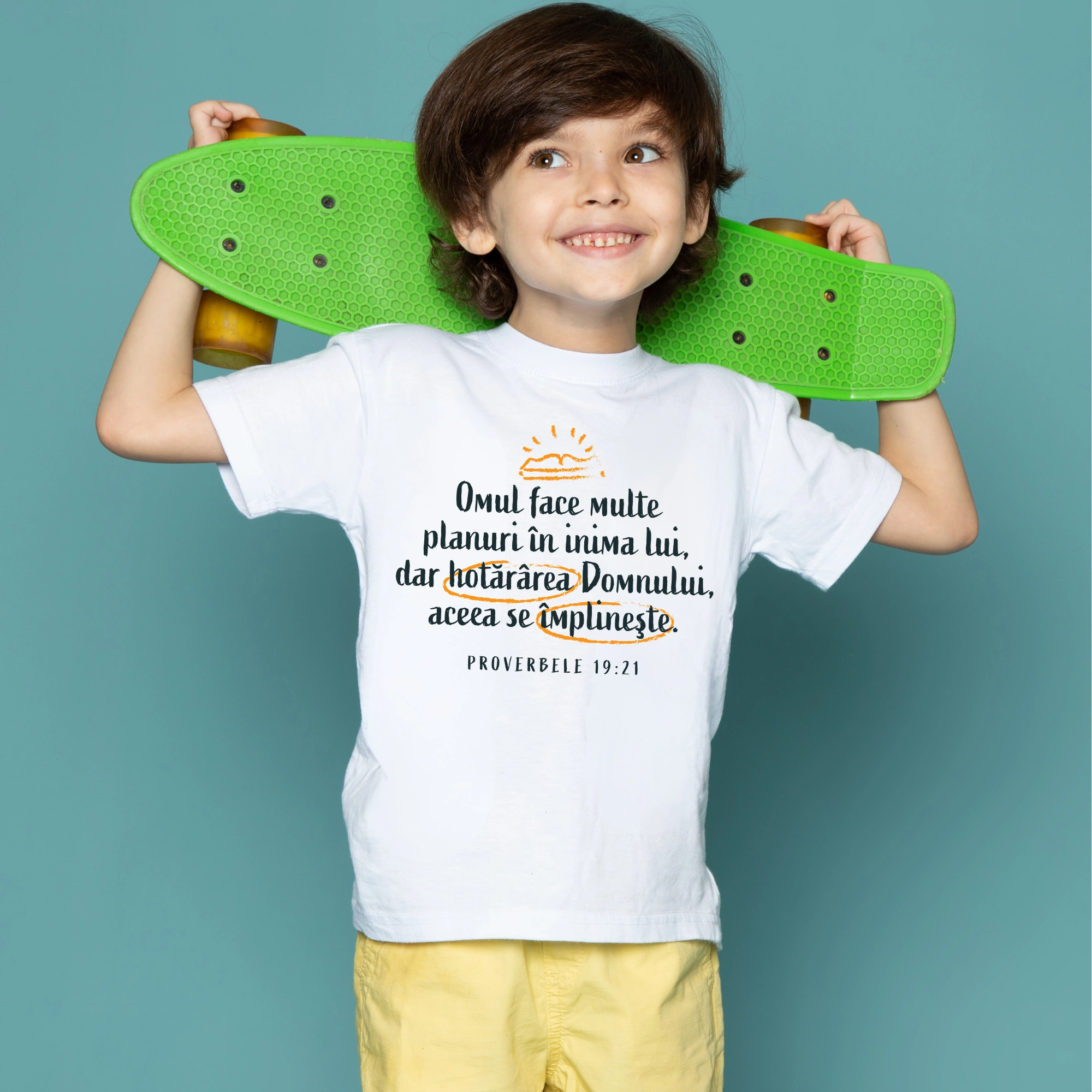 Tricou alb baieti, verset biblic - Proverbele 19:21