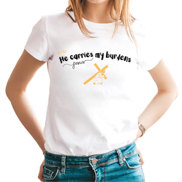 Tricou alb femei cu mesaj biblic- He carries my burdens